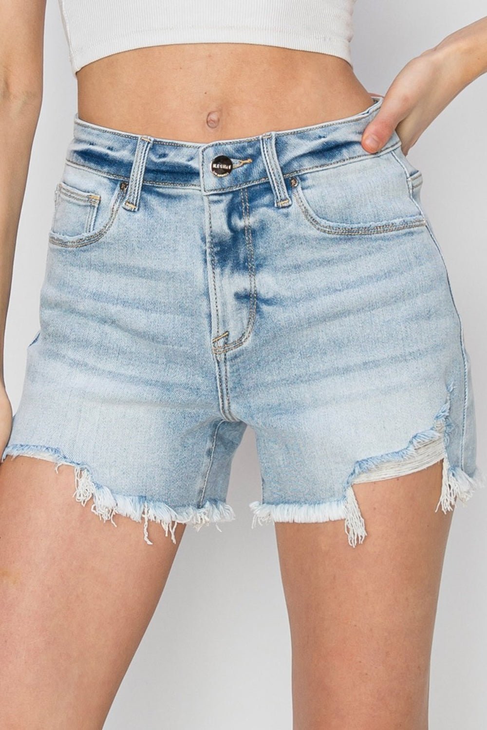 RISEN High Waist Frayed Detail Denim Shorts - Estora_Online