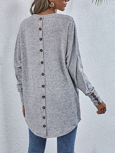 Buttoned Round Neck Long Sleeve T-Shirt - Estora_Online