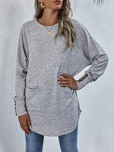 Buttoned Round Neck Long Sleeve T-Shirt - Estora_Online