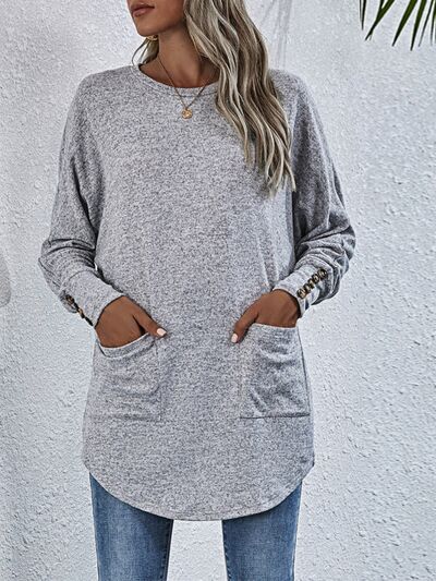 Buttoned Round Neck Long Sleeve T-Shirt - Estora_Online