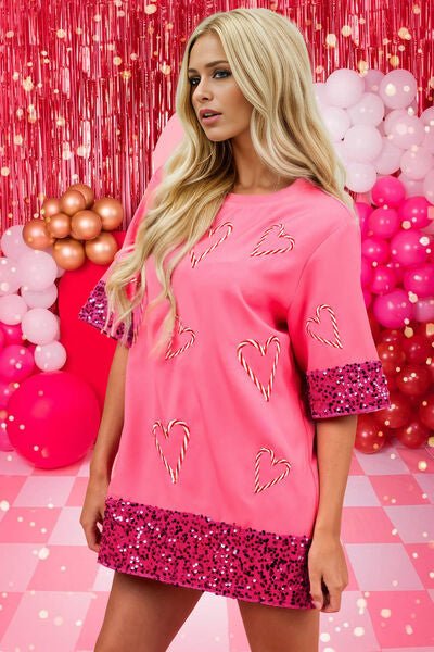 Candy Cane Sequin Half Sleeve T-Shirt - Estora_Online