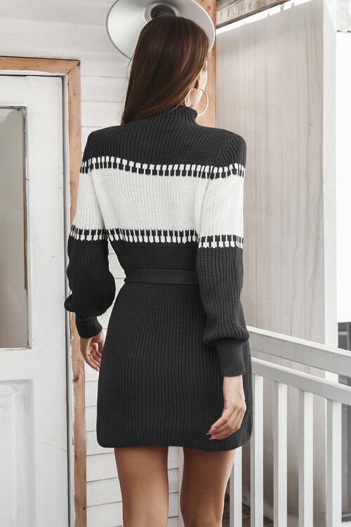 Contrast Tie Front Long Sleeve Sweater Dress - Estora_Online