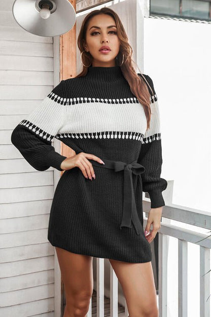 Contrast Tie Front Long Sleeve Sweater Dress - Estora_Online