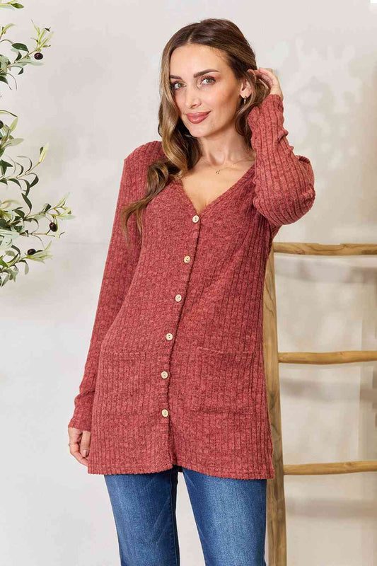 Double Take Ribbed Button-Up Cardigan with Pockets - Estora_Online