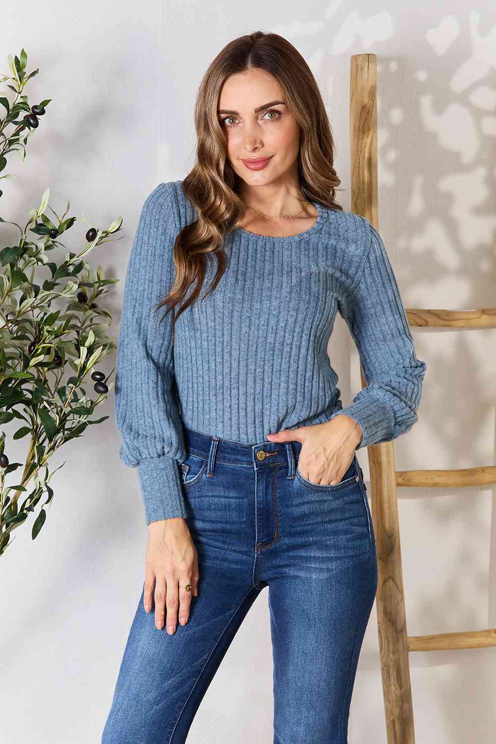 Double Take Ribbed Round Neck Lantern Sleeve Blouse - Estora_Online