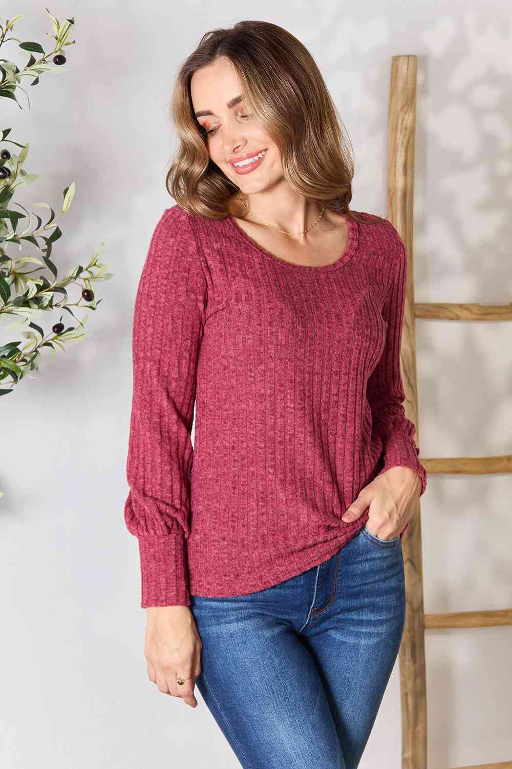 Double Take Ribbed Round Neck Lantern Sleeve Blouse - Estora_Online