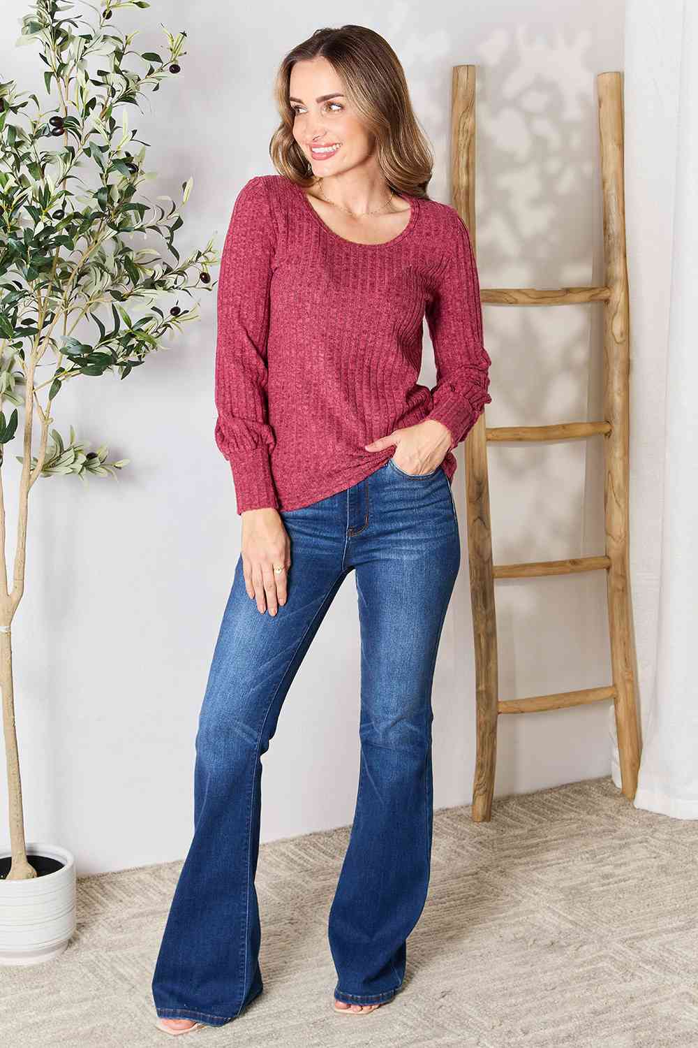 Double Take Ribbed Round Neck Lantern Sleeve Blouse - Estora_Online