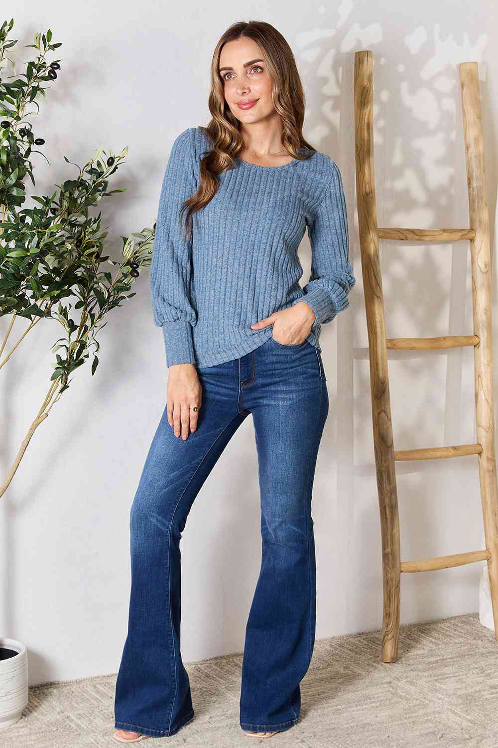 Double Take Ribbed Round Neck Lantern Sleeve Blouse - Estora_Online