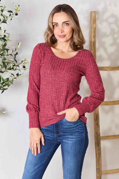 Double Take Ribbed Round Neck Lantern Sleeve Blouse - Estora_Online