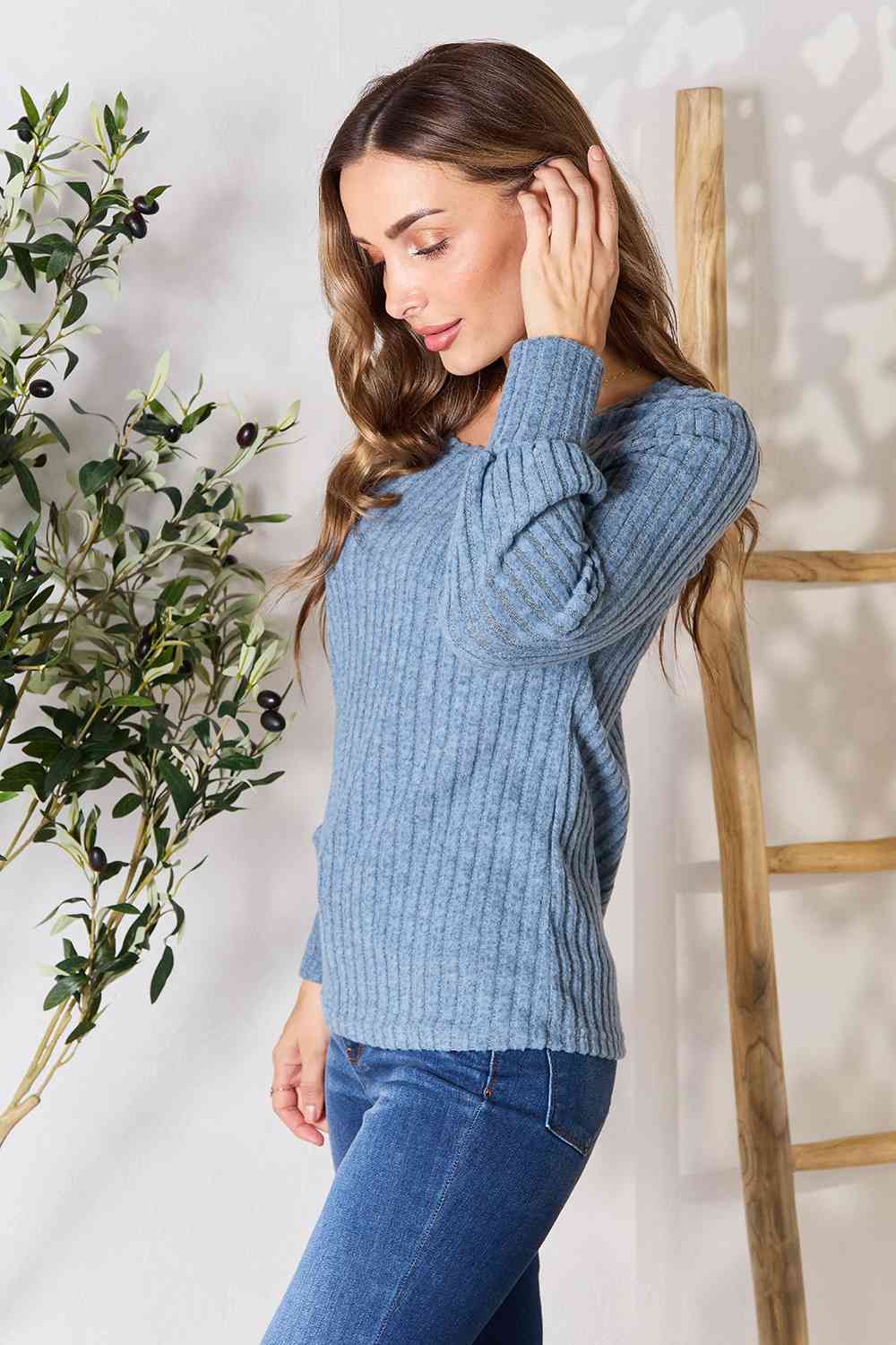 Double Take Ribbed Round Neck Lantern Sleeve Blouse - Estora_Online