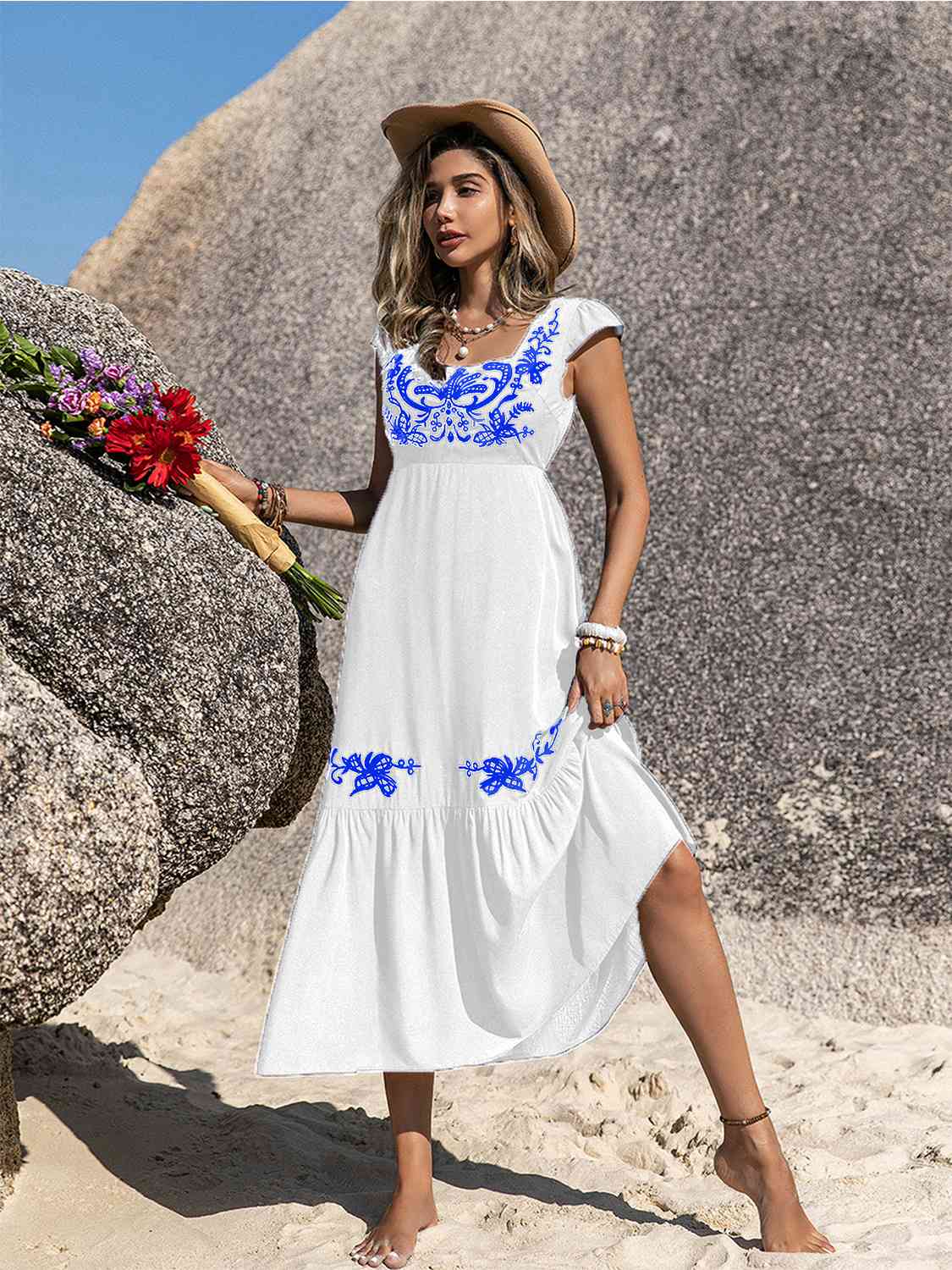 Embroidered Square Neck Ruffle Hem Dress - Estora_Online