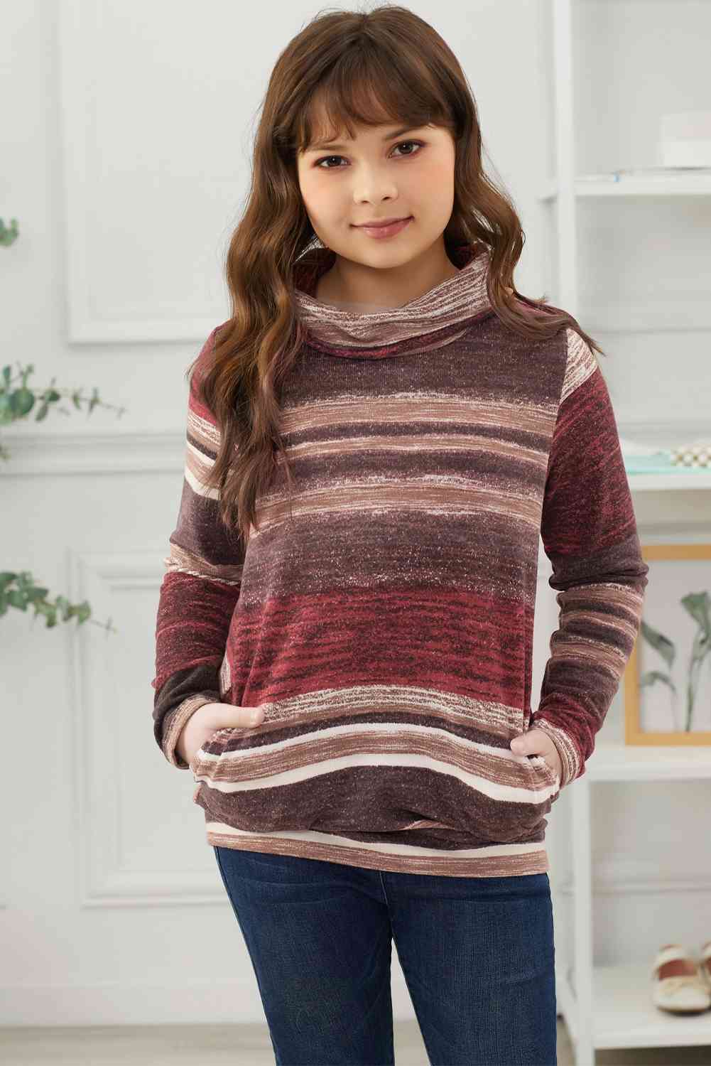 Girls Striped Cowl Neck Top with Pockets - Estora_Online