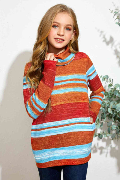 Girls Striped Cowl Neck Top with Pockets - Estora_Online