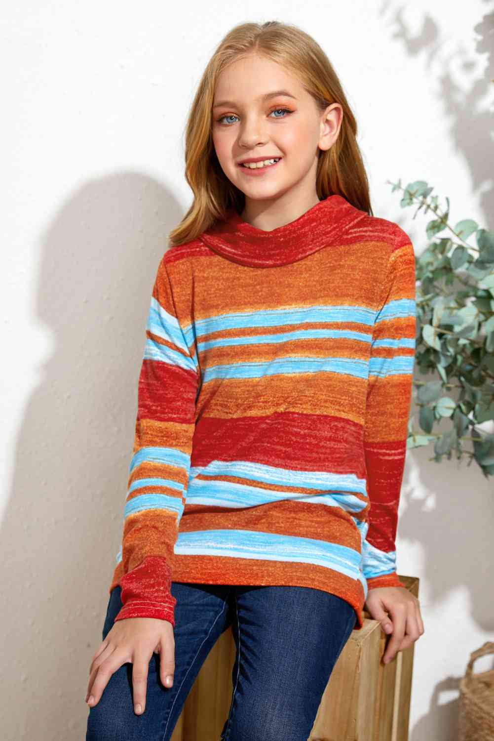 Girls Striped Cowl Neck Top with Pockets - Estora_Online