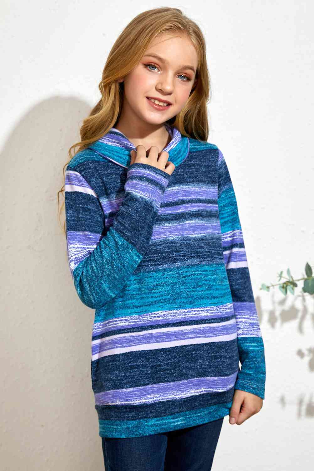 Girls Striped Cowl Neck Top with Pockets - Estora_Online