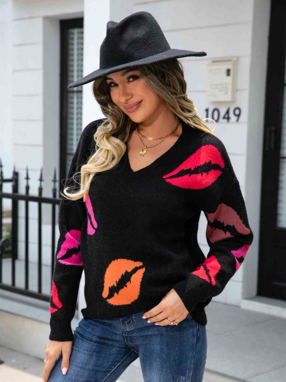 Lip V-Neck Drop Shoulder Sweater - Estora_Online