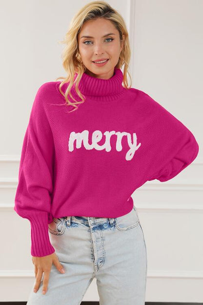 Merry Letter Embroidered High Neck Sweater - Estora_Online