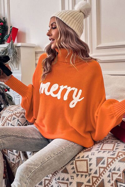 Merry Letter Embroidered High Neck Sweater - Estora_Online