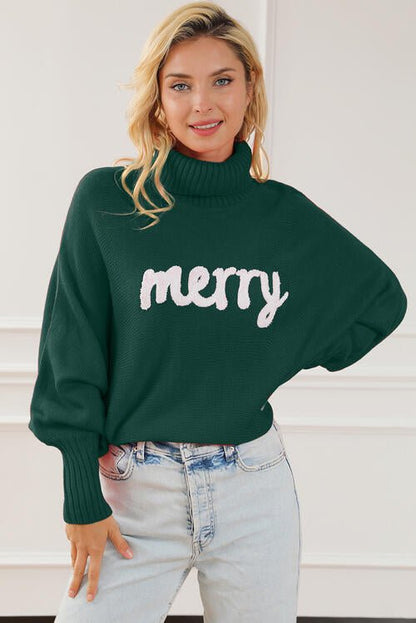 Merry Letter Embroidered High Neck Sweater - Estora_Online