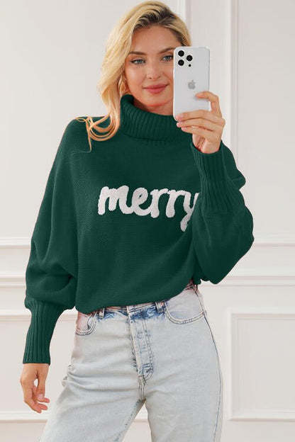 Merry Letter Embroidered High Neck Sweater - Estora_Online