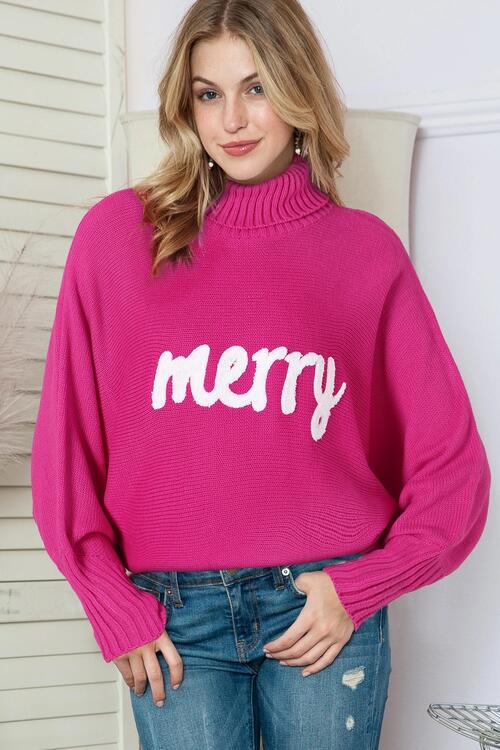 Merry Letter Embroidered High Neck Sweater - Estora_Online