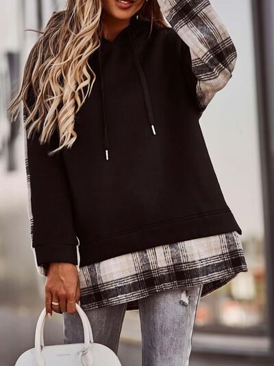 Plaid Drawstring Dropped Shoulder Hoodie - Estora_Online