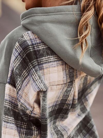 Plaid Drawstring Dropped Shoulder Hoodie - Estora_Online