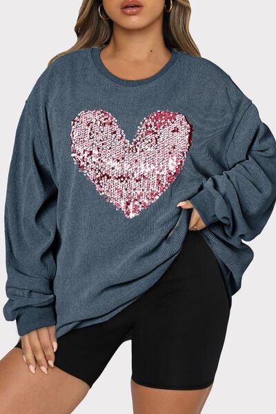 Plus Size Heart Sequin Round Neck Sweatshirt - Estora_Online