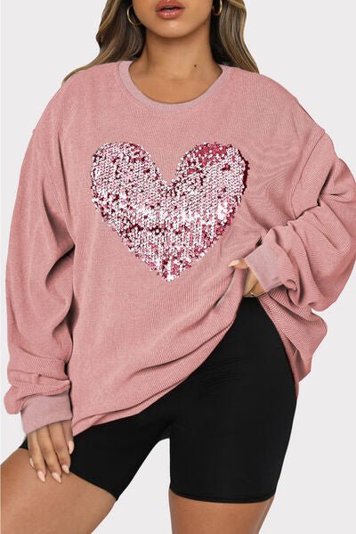 Plus Size Heart Sequin Round Neck Sweatshirt - Estora_Online