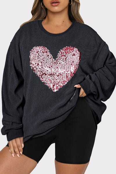 Plus Size Heart Sequin Round Neck Sweatshirt - Estora_Online