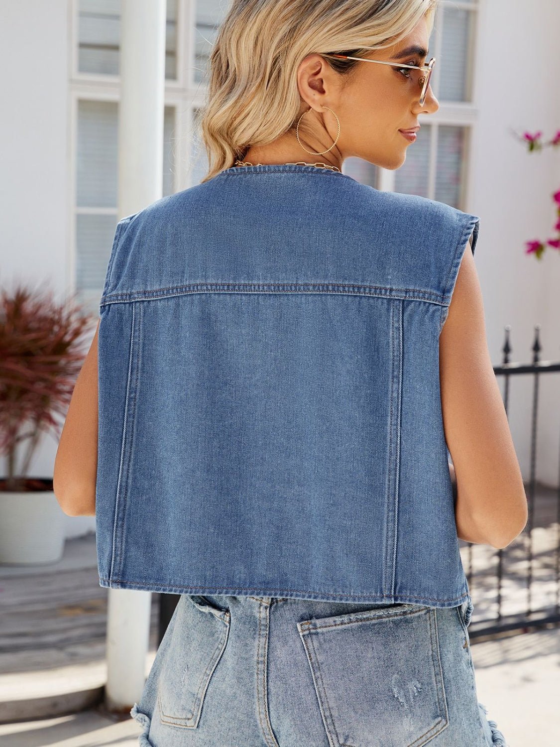 Pocketed Button Up Sleeveless Denim Jacket - Estora_Online