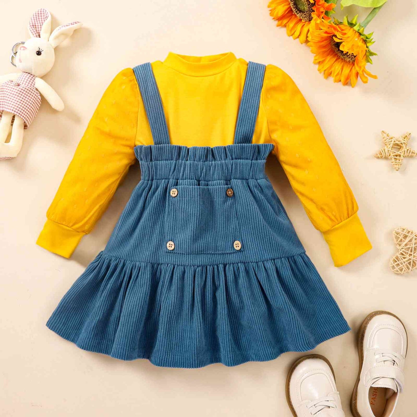 Puff Sleeve Round Neck Top and Buttoned Overall Dress Set - Estora_Online