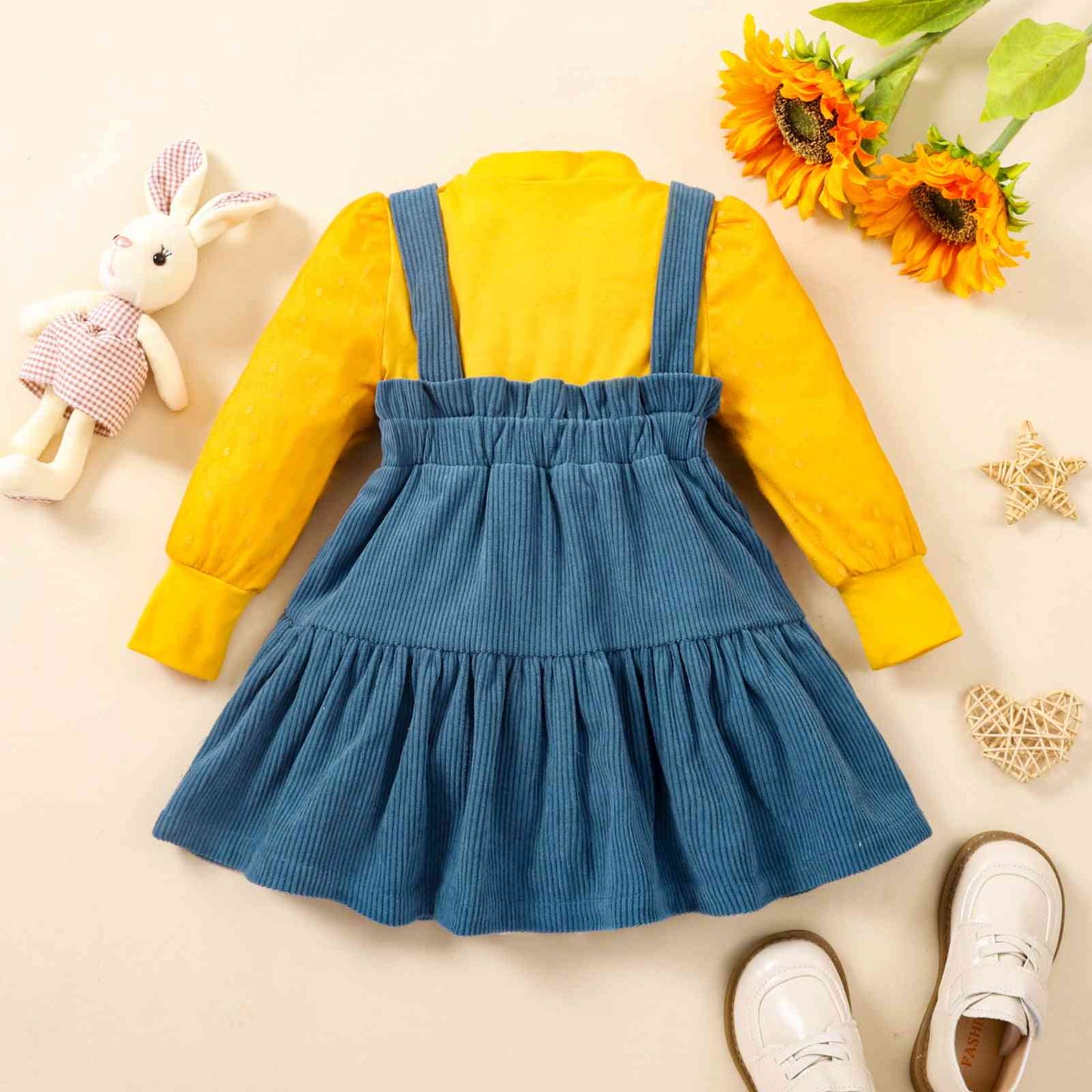 Puff Sleeve Round Neck Top and Buttoned Overall Dress Set - Estora_Online