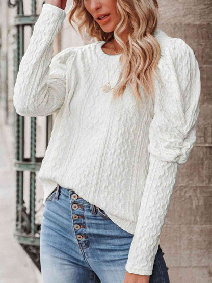 Round Neck Puff Sleeve Knit Top - Estora_Online