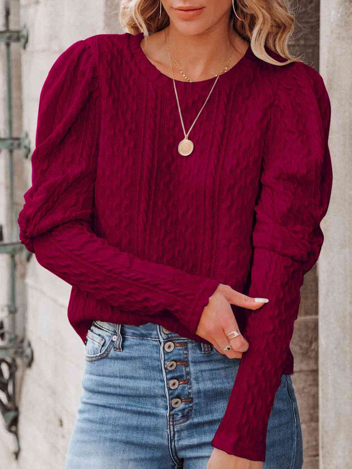 Round Neck Puff Sleeve Knit Top - Estora_Online