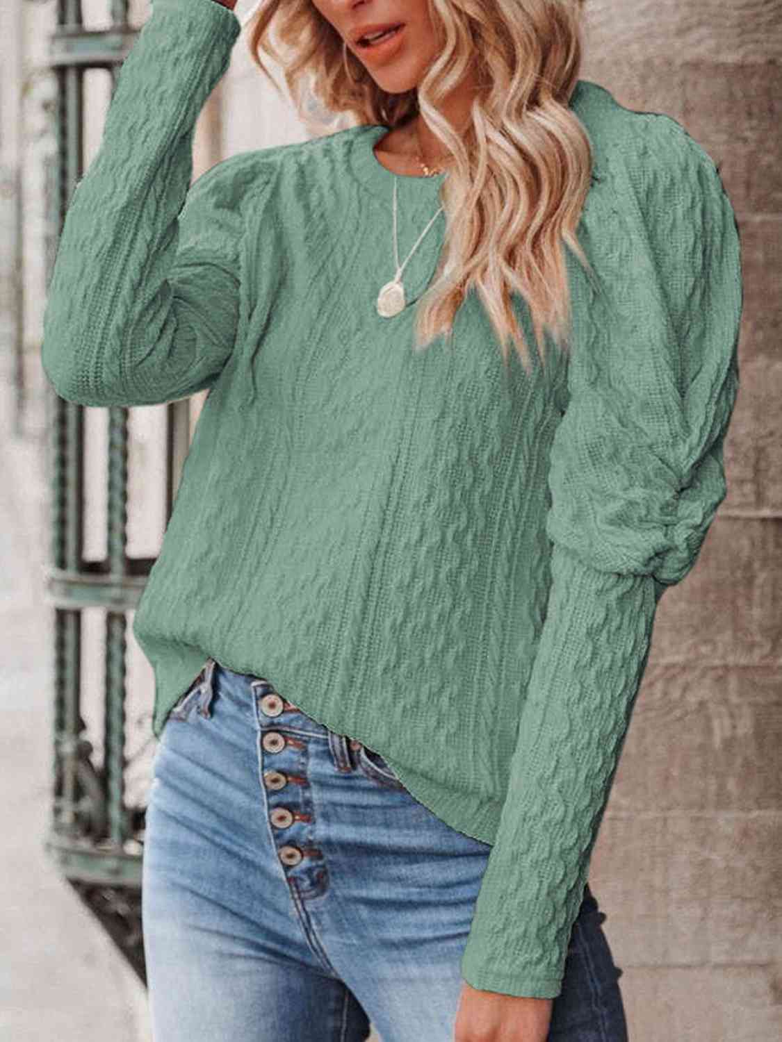 Round Neck Puff Sleeve Knit Top - Estora_Online