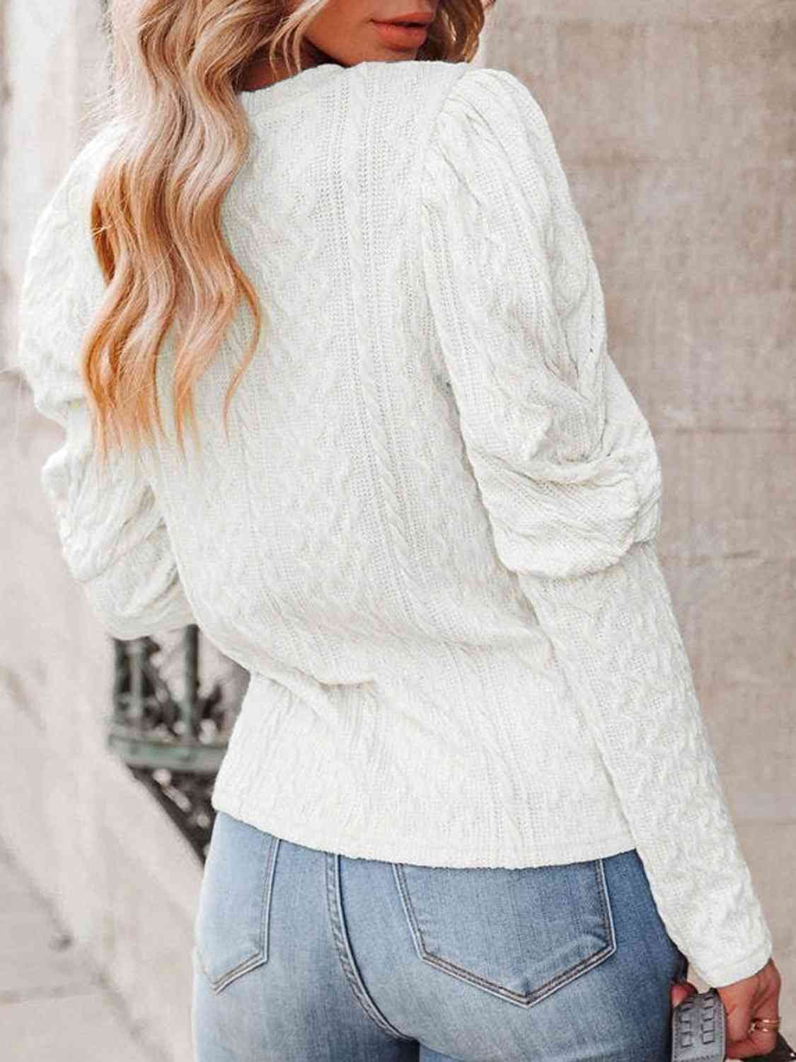 Round Neck Puff Sleeve Knit Top - Estora_Online