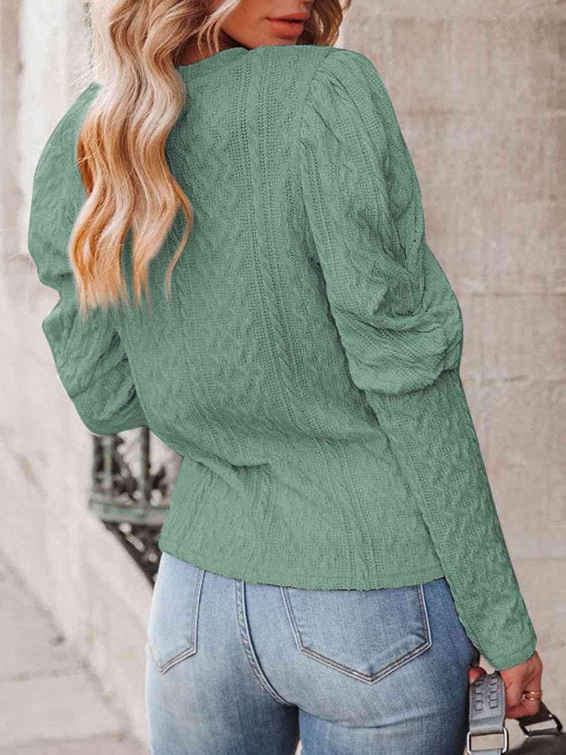 Round Neck Puff Sleeve Knit Top - Estora_Online