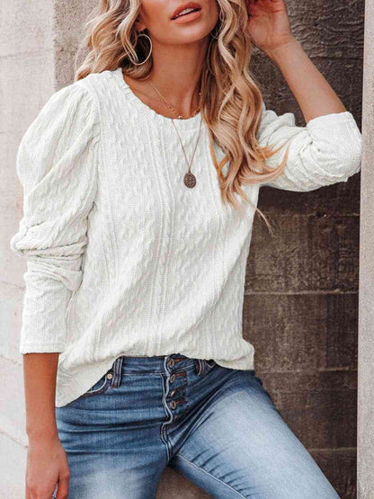 Round Neck Puff Sleeve Knit Top - Estora_Online