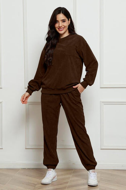 Round Neck Sweatshirt and Sweatpants Set - Estora_Online