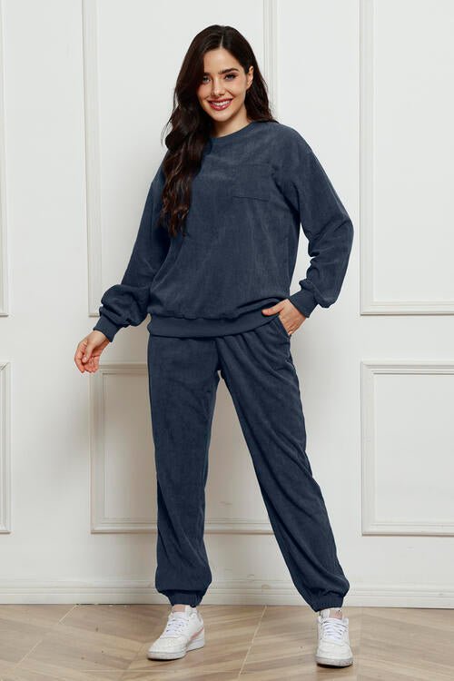 Round Neck Sweatshirt and Sweatpants Set - Estora_Online