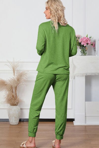 Round Neck Top and Drawstring Pants Lounge Set - Estora_Online