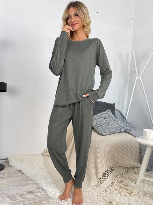 Round Neck Top and Drawstring Pants Lounge Set - Estora_Online