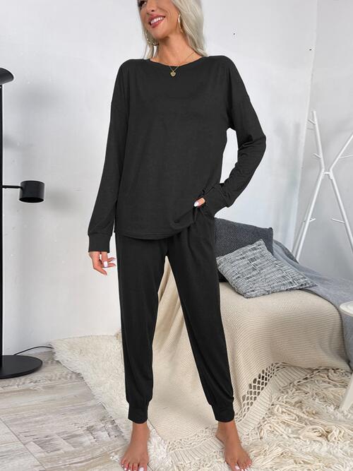 Round Neck Top and Drawstring Pants Lounge Set - Estora_Online