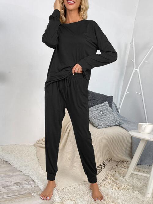 Round Neck Top and Drawstring Pants Lounge Set - Estora_Online