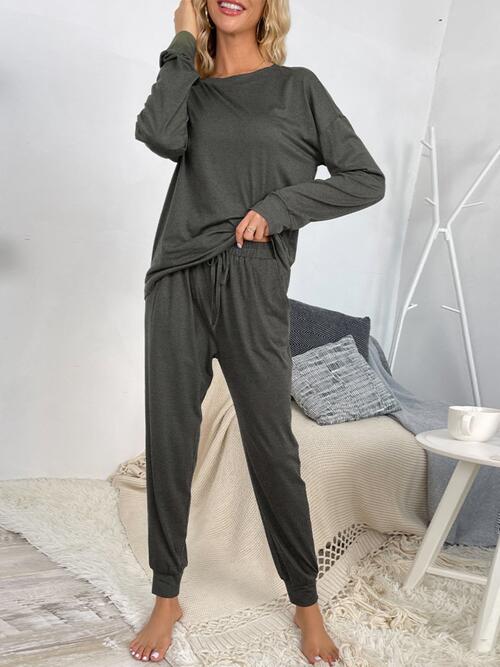 Round Neck Top and Drawstring Pants Lounge Set - Estora_Online