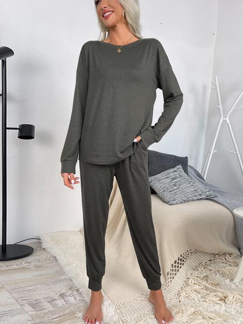 Round Neck Top and Drawstring Pants Lounge Set - Estora_Online