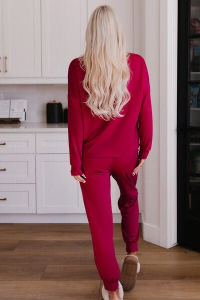 Round Neck Top and Drawstring Pants Lounge Set - Estora_Online