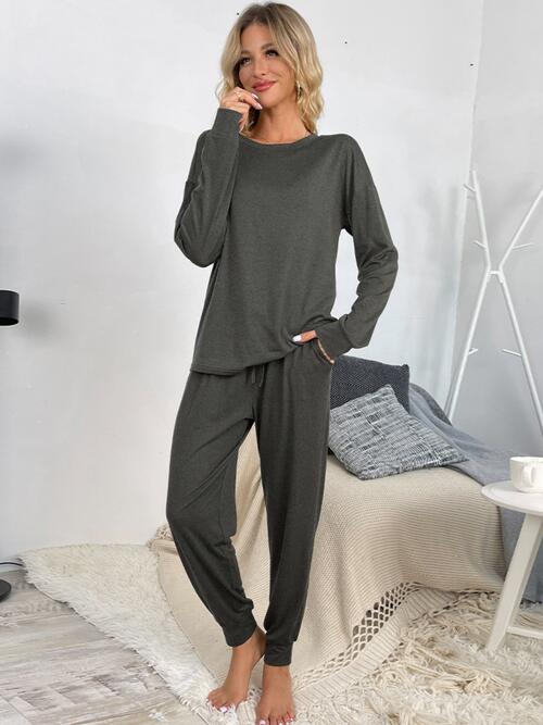 Round Neck Top and Drawstring Pants Lounge Set - Estora_Online