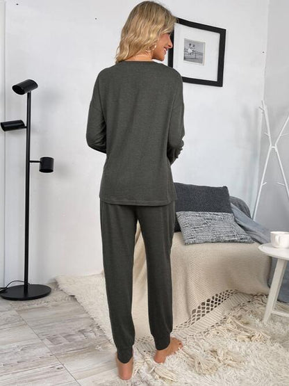 Round Neck Top and Drawstring Pants Lounge Set - Estora_Online